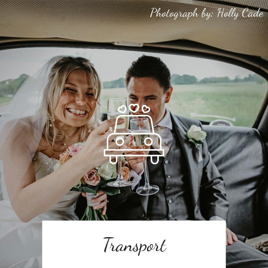 Bride and groom toasting champagne in a vintage car. Bride smiles, holds flowers. Groom wears a suit.