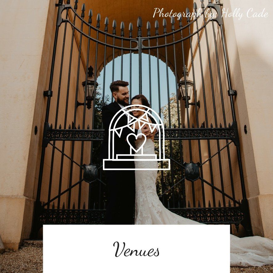 Couple embracing at a wedding venue entrance. Decorative iron gate and arched doorway. Venue graphic overlay.