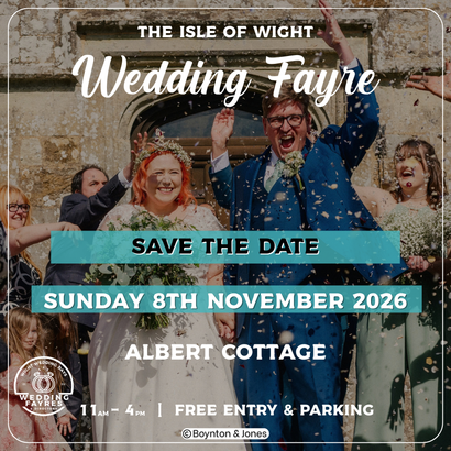 Wedding Fayre announcement: Girl with arms up, in front of Camp Corve building, save-the-date text. April 19, 2026.