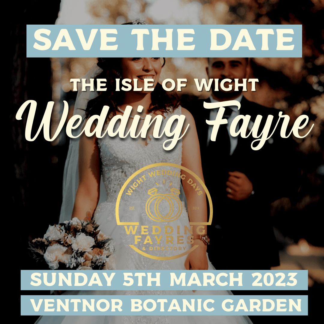 Save the date for the Isle of Wight Wedding Fayre. Bride and groom image, set for March 5th, 2023 at Ventnor Botanic Garden.