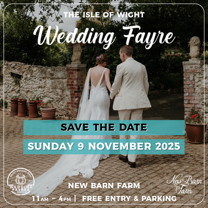 Wedding Fayre announcement: Bride and groom walking at New Barn Farm. Sunday, November 9, 2025. Free entry.