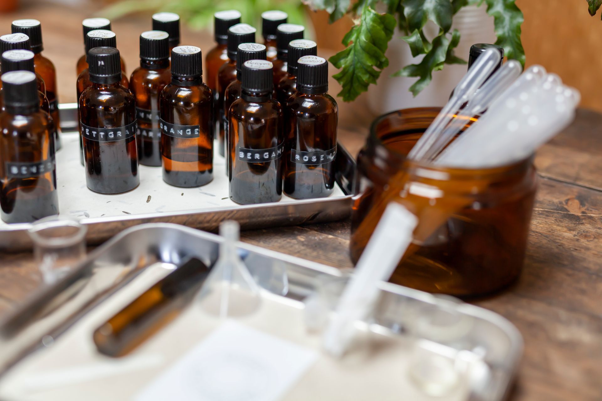 Bottles and pipettes on a tray, likely for essential oils or liquids, in an apothecary setting.