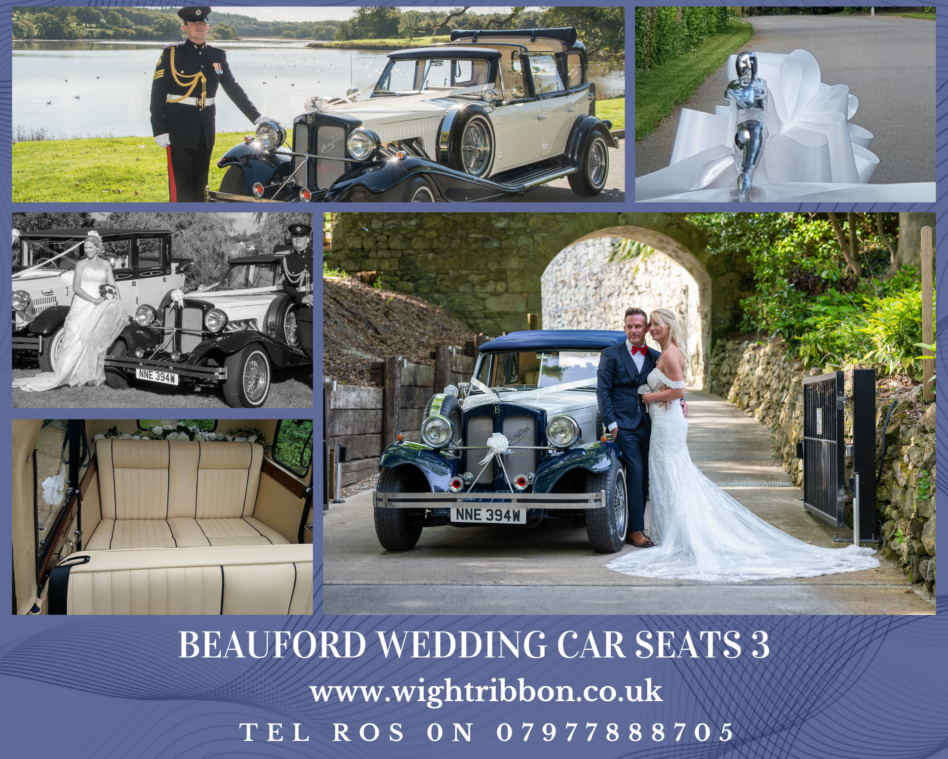 Collage of wedding photos featuring classic cars and couples.