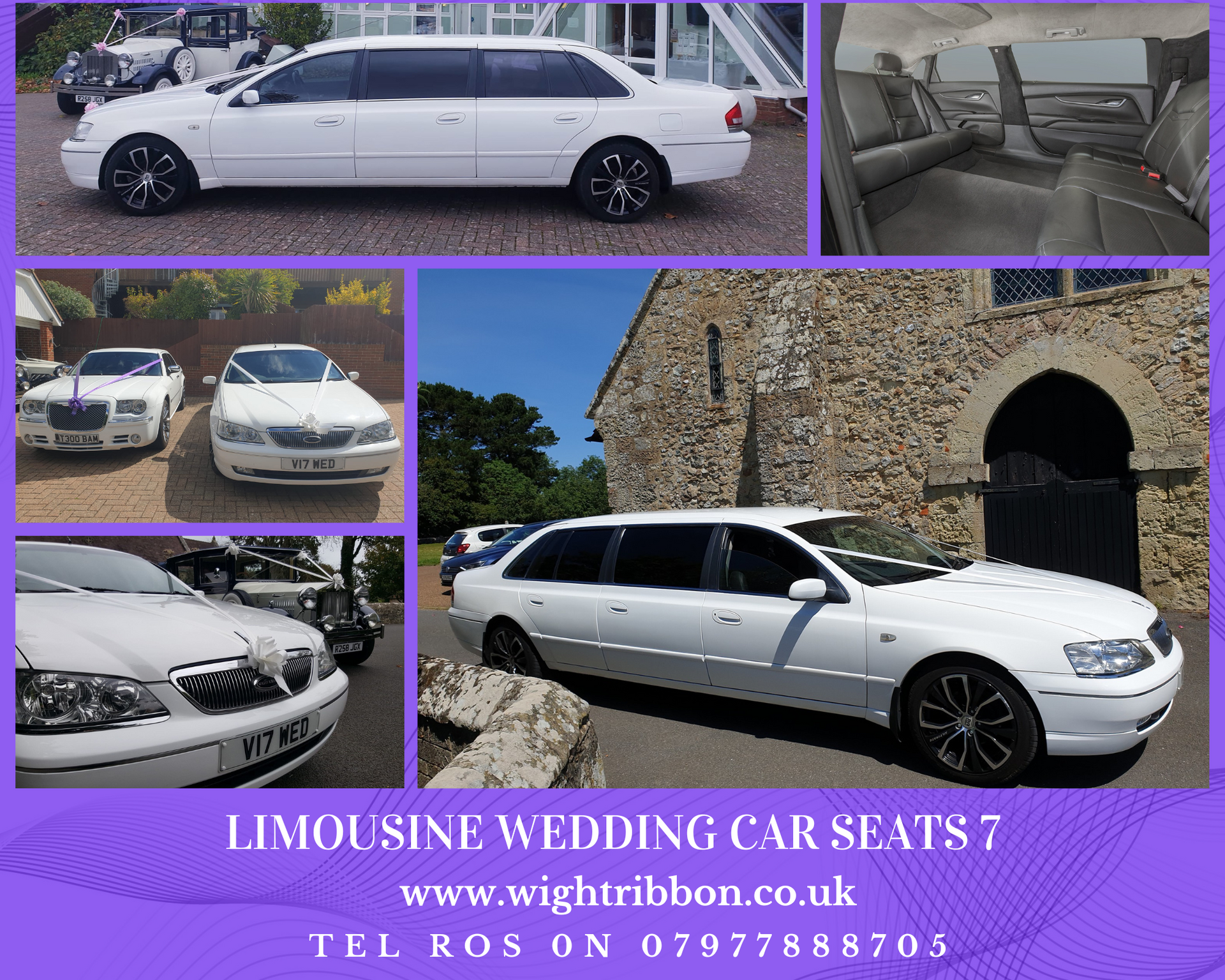 White limousine wedding car with seats for 7, parked outside buildings.