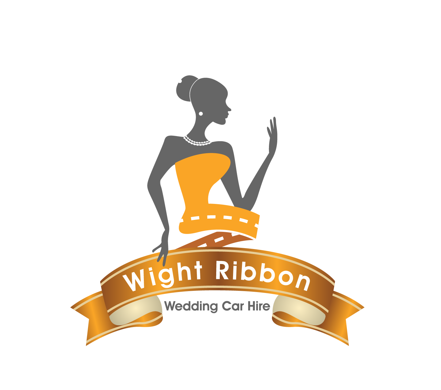 Logo for Wight Ribbon Wedding Car Hire: Woman in yellow dress, ribbon with text, white background.