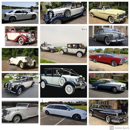Collection of various classic and modern cars, likely for wedding or special event transportation.