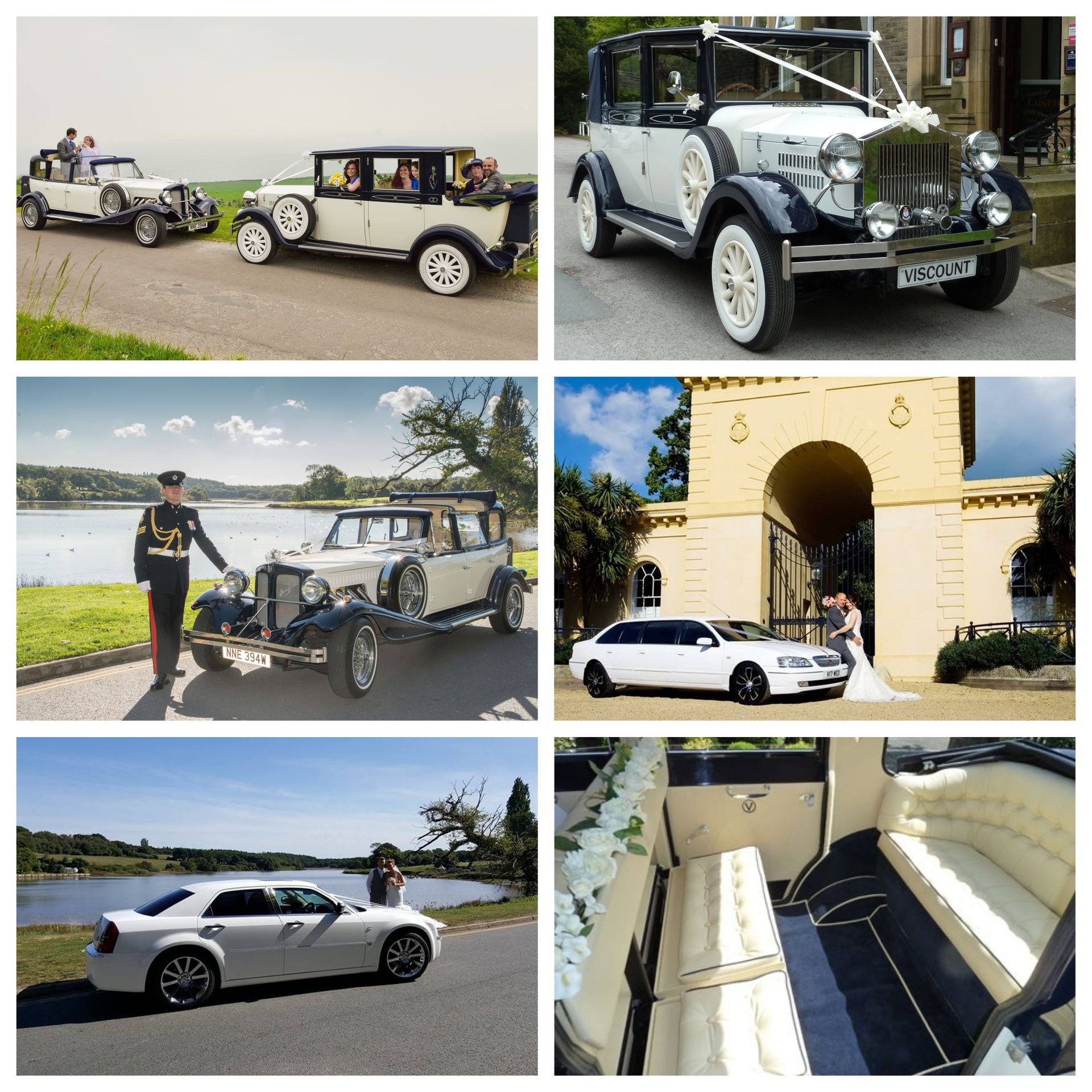 Collection of wedding cars, classic and modern, at various outdoor locations, and an interior view.