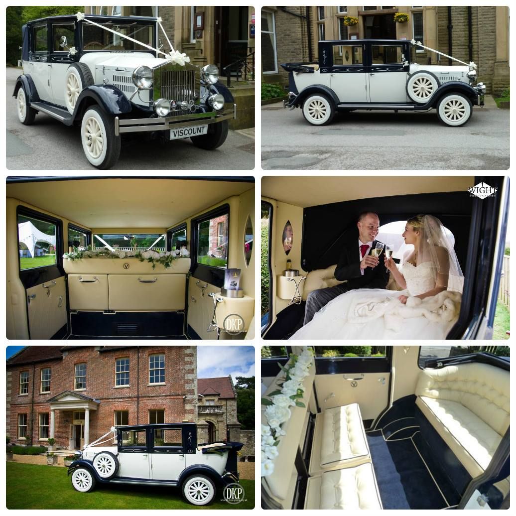 Collage: Vintage wedding car, two-tone exterior, floral decorations, interior with bride and groom, outdoor setting.