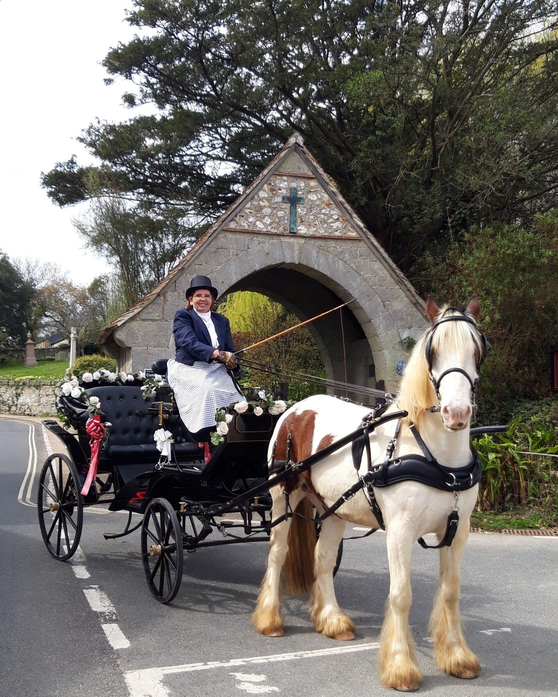 Horse-drawn carriage with a person in formal attire in front of a stone archway.