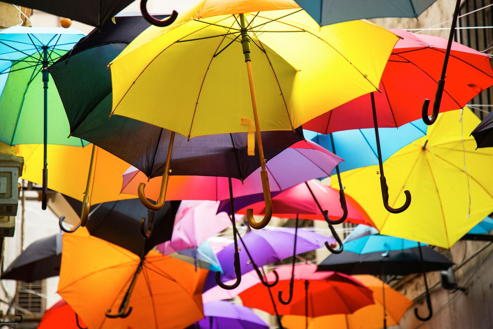 A bunch of colorful umbrellas hanging from the ceiling