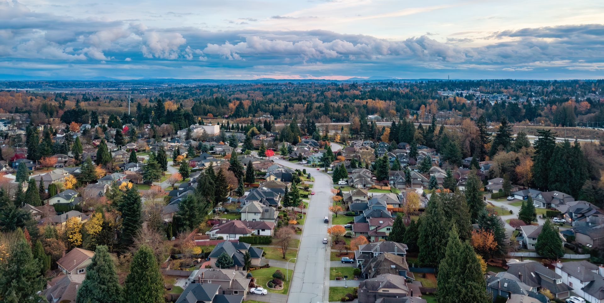 An aerial view of a residential area with lots of houses and trees.