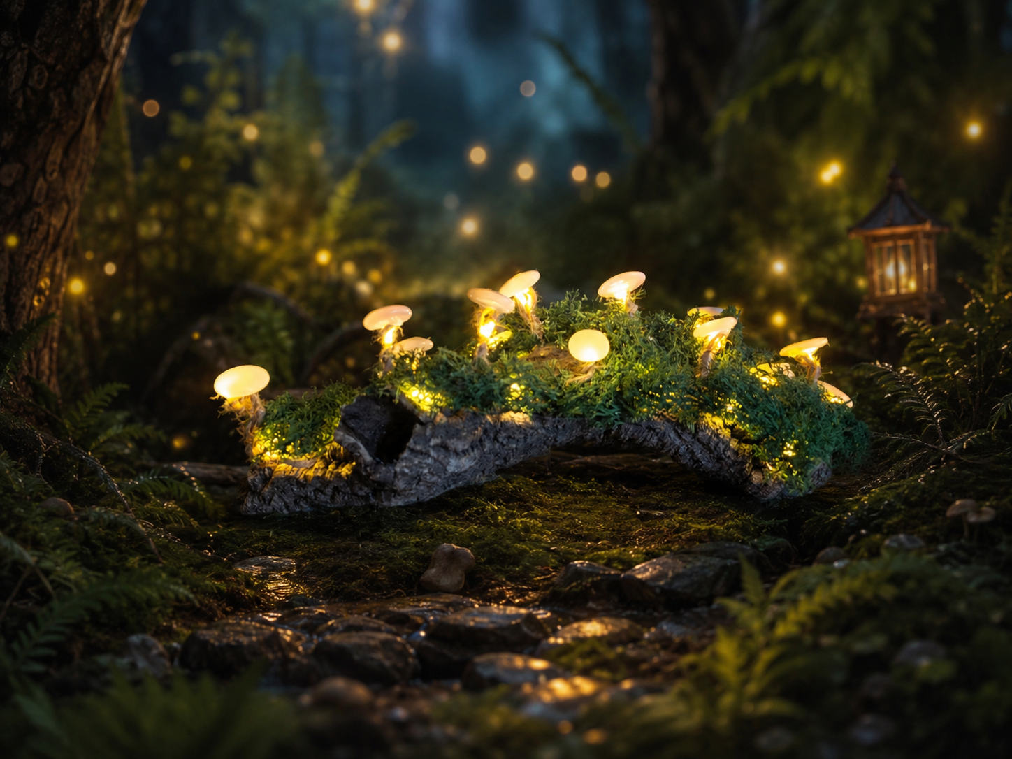 Lichtgevende paddenstoelen op een met mos begroeide boomstam in een donker, betoverd bos.