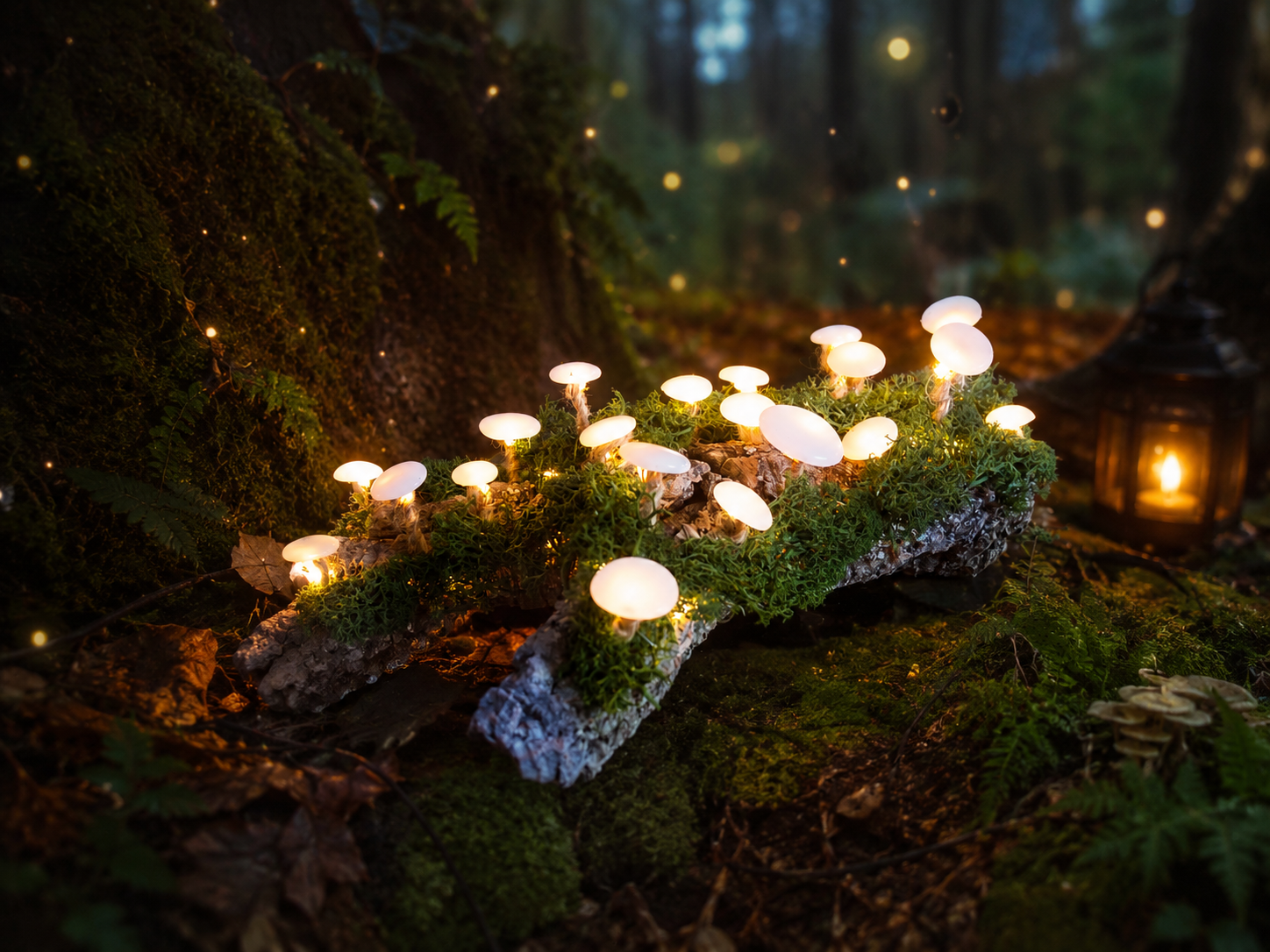 Lichtgevende paddenstoelen op een met mos begroeide boomstam in een donker, betoverd bos, met een lantaarn in de buurt.