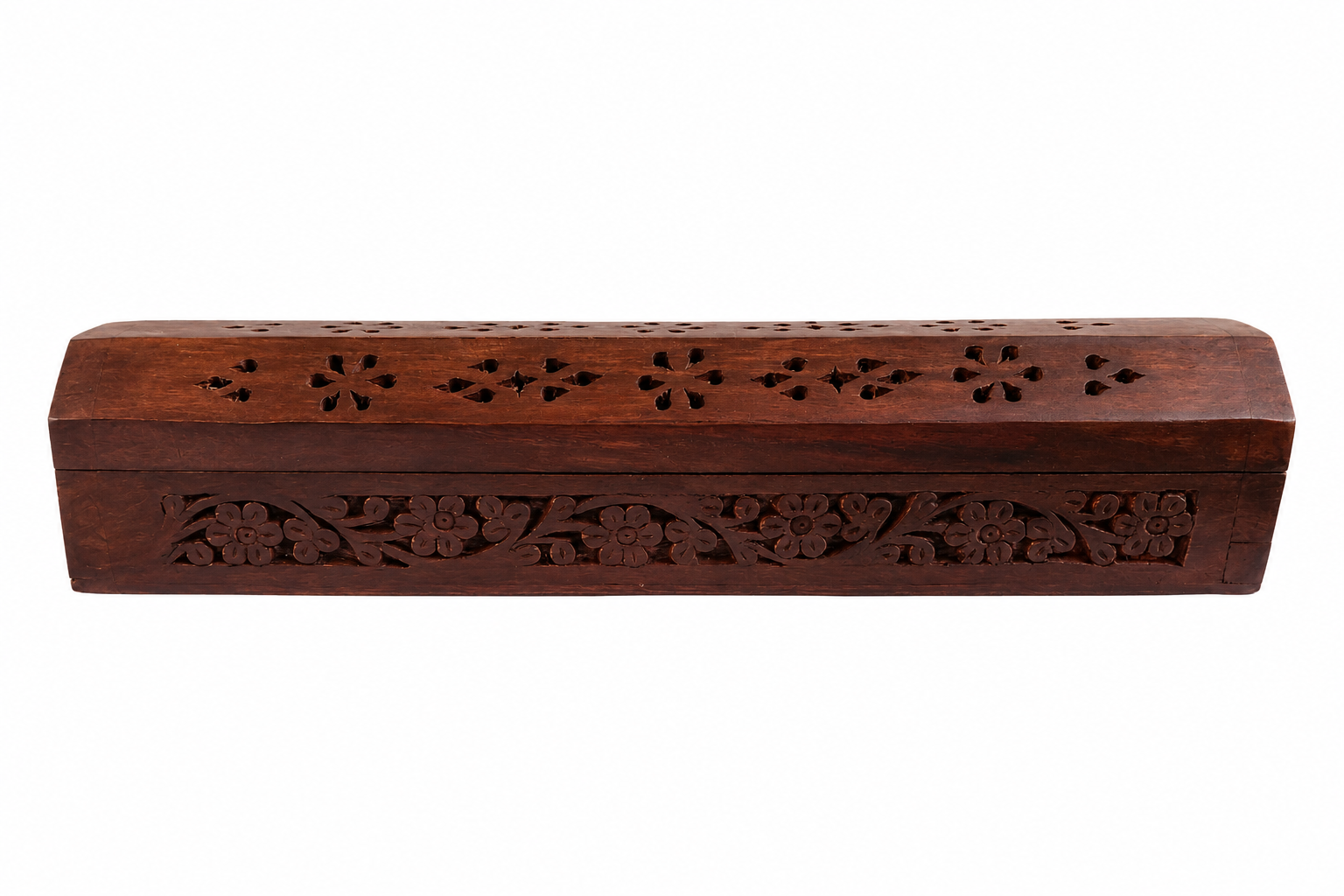 Rode houten wierookdoos met deksel met bloemmotief en kleine gouden olifantjes als inlegwerk.