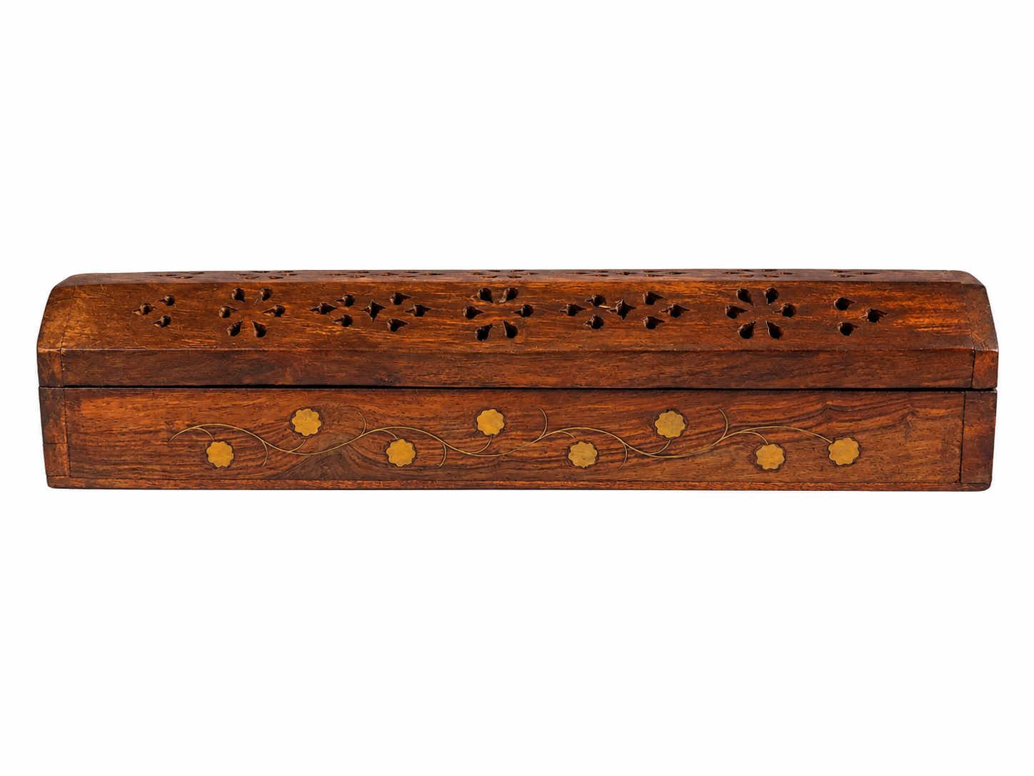 Rechthoekige houten wierookhouder met uitgehouwen gaten en gele stippen op een witte achtergrond.