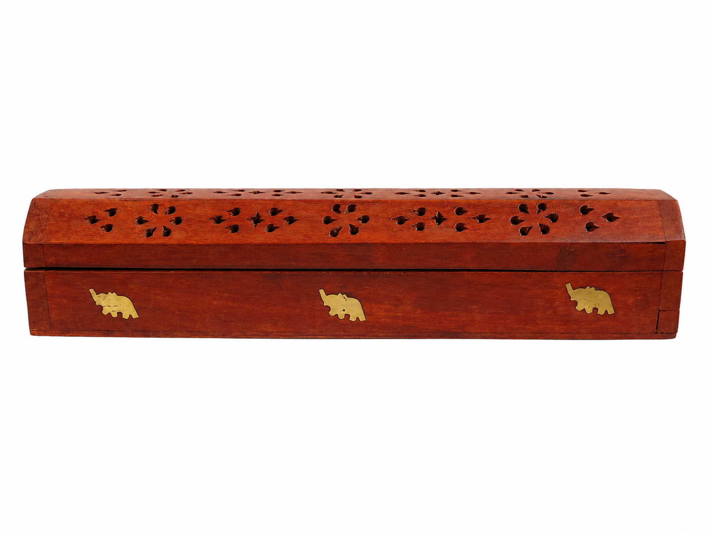 Rode houten wierookdoos met deksel met bloemmotief en kleine gouden olifantjes als inlegwerk.