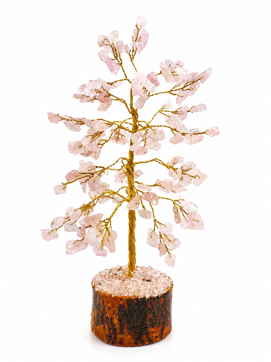 Decoratieve kersenbloesemboom met lichtroze bloemen op een kleine houten voet, geïsoleerd op een witte achtergrond.