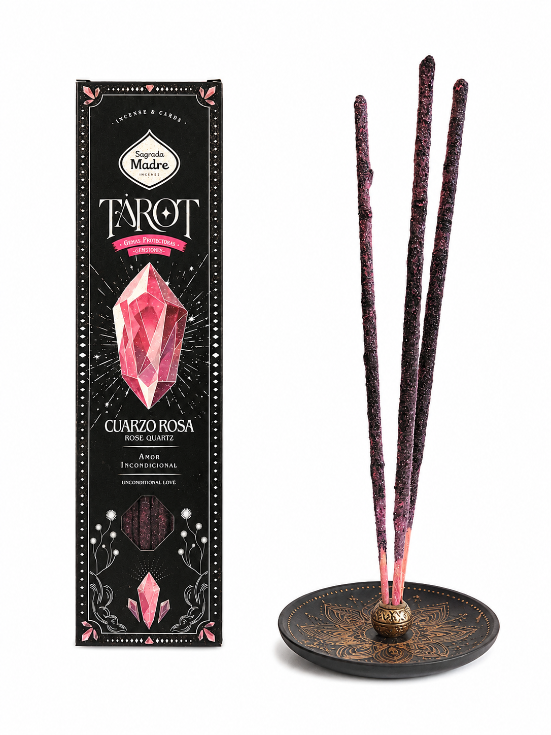 Tarot wierookset met zwarte doos, roze kristallen decoratie en drie wierookstokjes in een ronde houder.