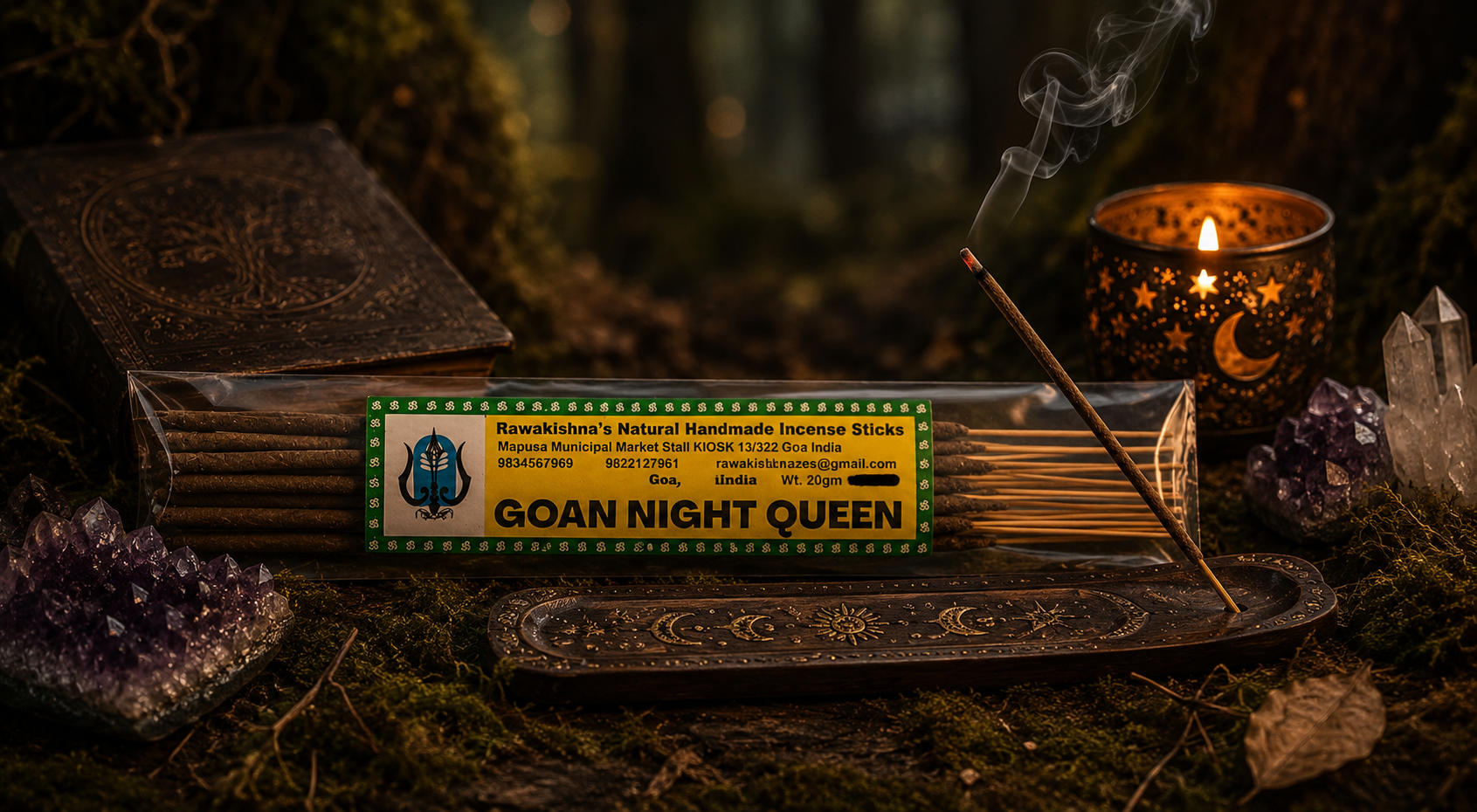 Verpakking met Goan Night Queen wierookstokjes in doorzichtige plastic verpakking met groen en geel etiket.