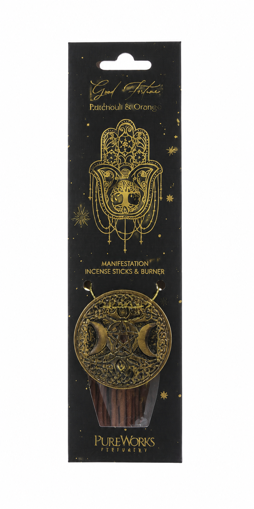 Zwart-gouden Hamsa-handversiering met glitter op een retailverpakking en ophanglus.