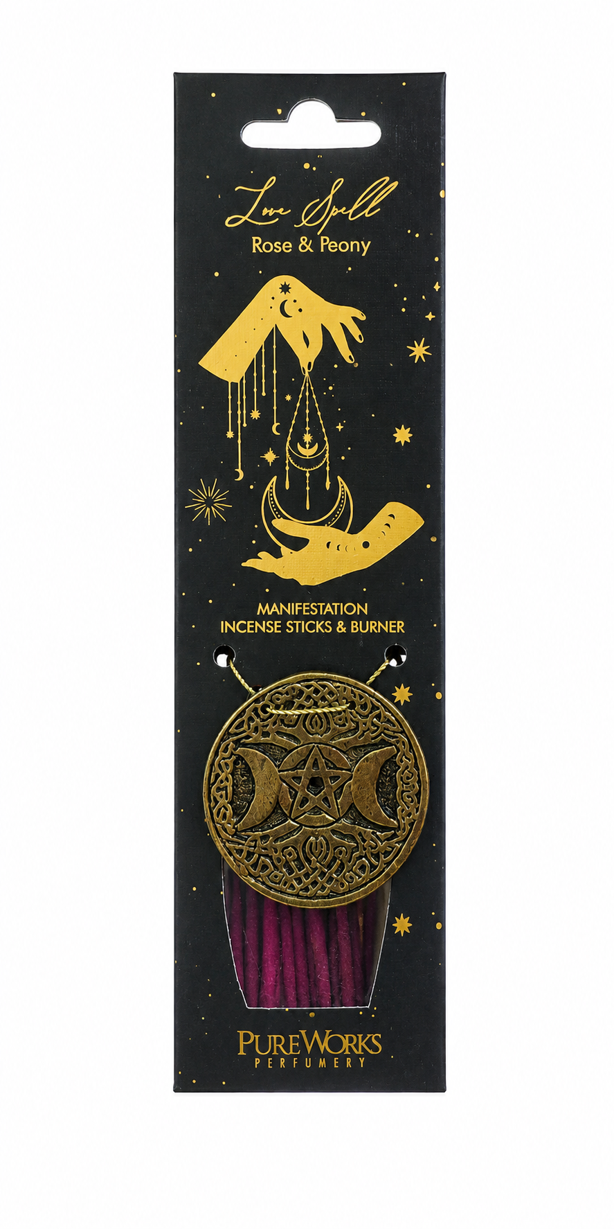 Zwart-gouden hangende decoratiekaart met sterren, maan, kwastje en bloemenpatroon.