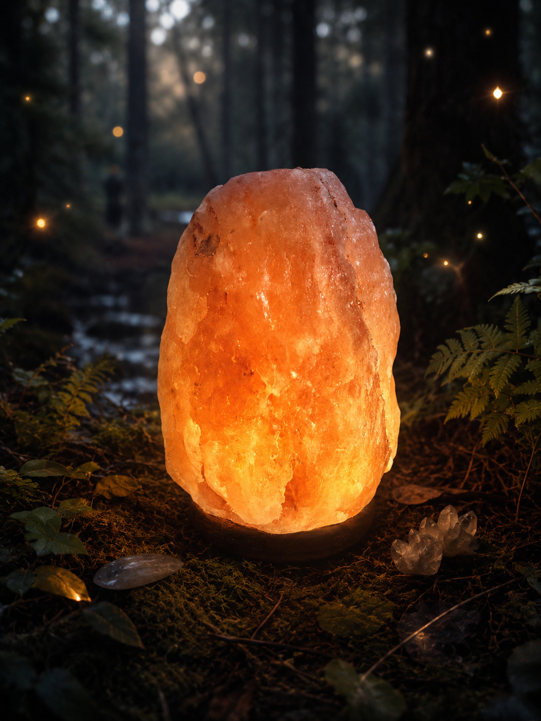 Een gloeiend oranje kristal staat 's nachts in een donker bos, omringd door zacht licht en varens.