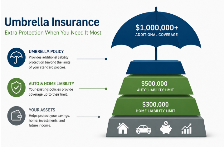 Umbrella Insurance infographic with layered coverages: $300k, $500k, and $1M+ protection.