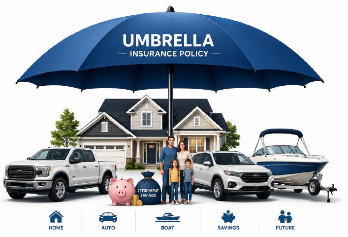 Family under umbrella with house, cars, boat, and piggy bank, illustrating umbrella insurance coverage