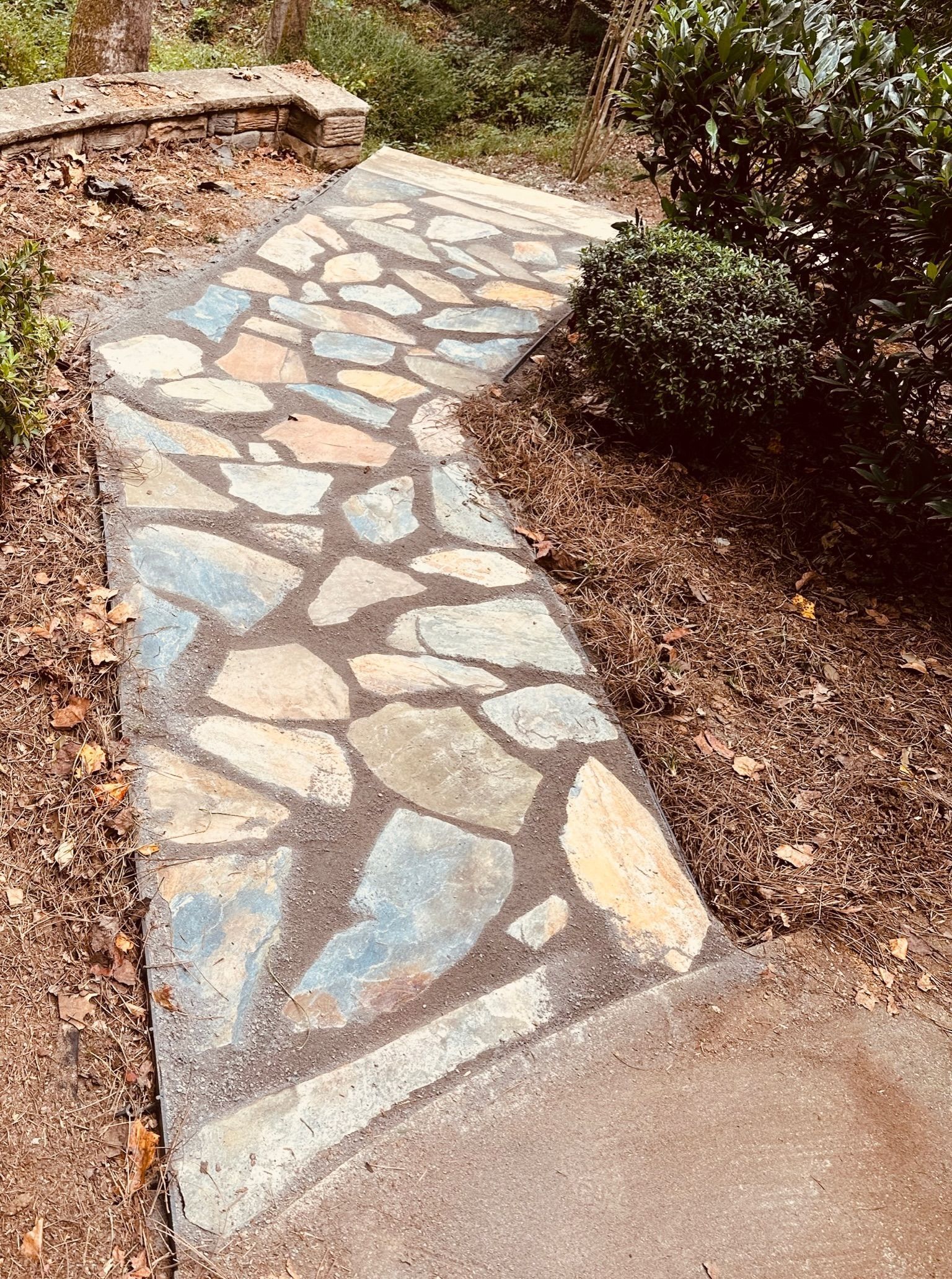 Stone garden path with irregular blue and tan tiles bordered by dirt and shrubs