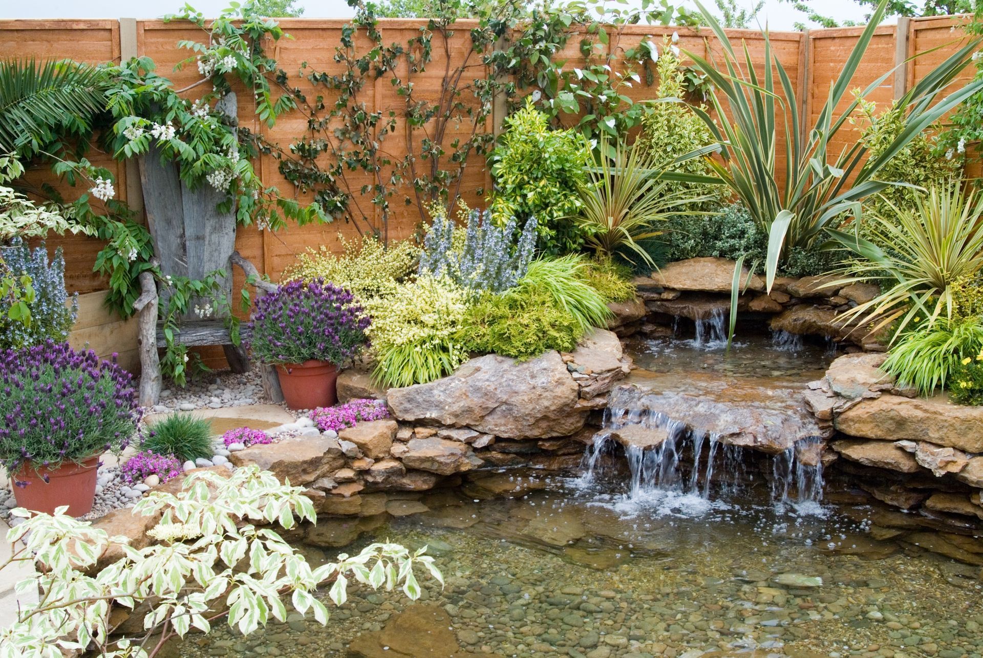 Garden pond with a small waterfall, surrounded by lush plants, rocks, and a brick fence