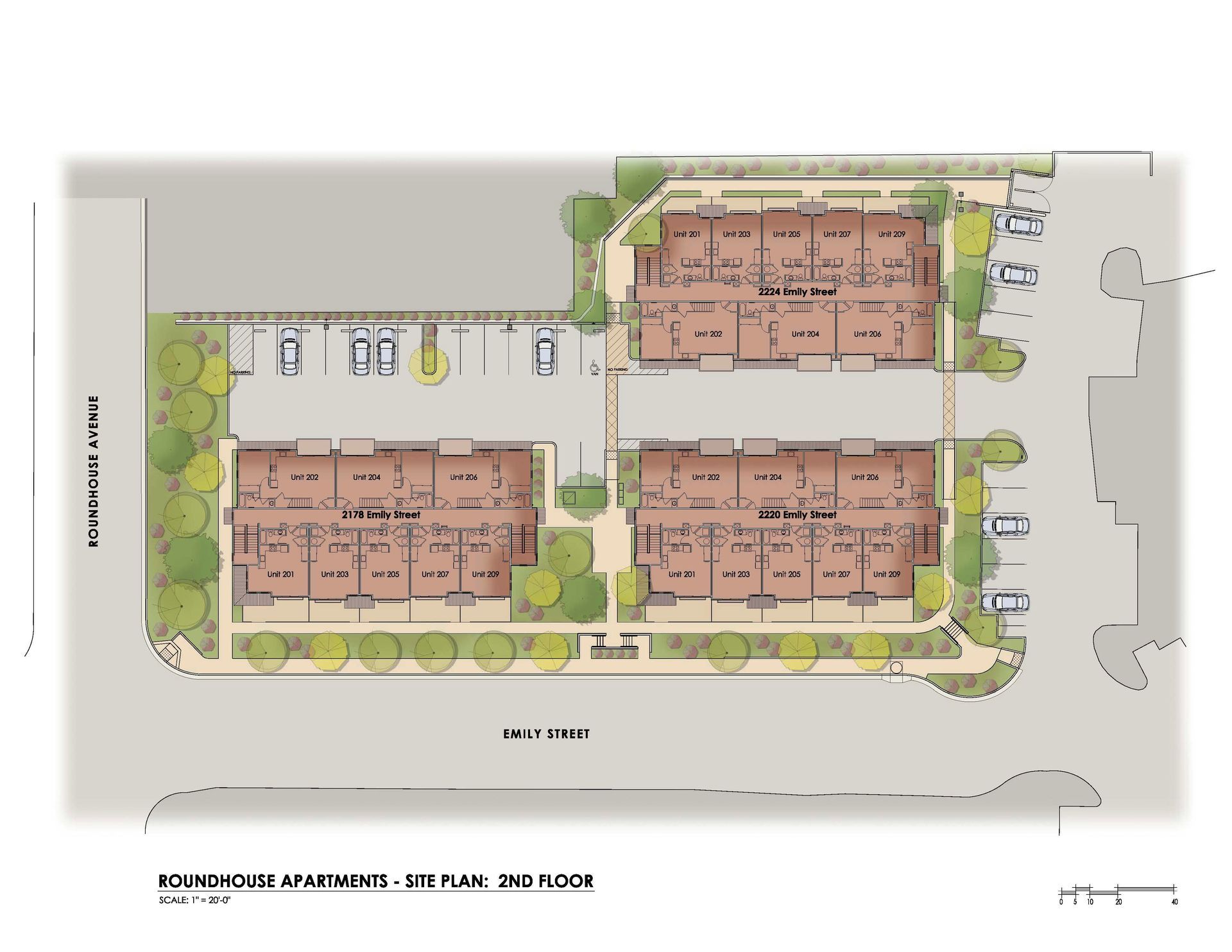 A drawing of a residential area with a lot of buildings