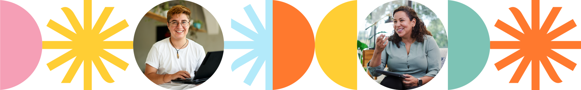 Colorful banner with two circular portrait photos and abstract pink, yellow, teal, and orange shapes