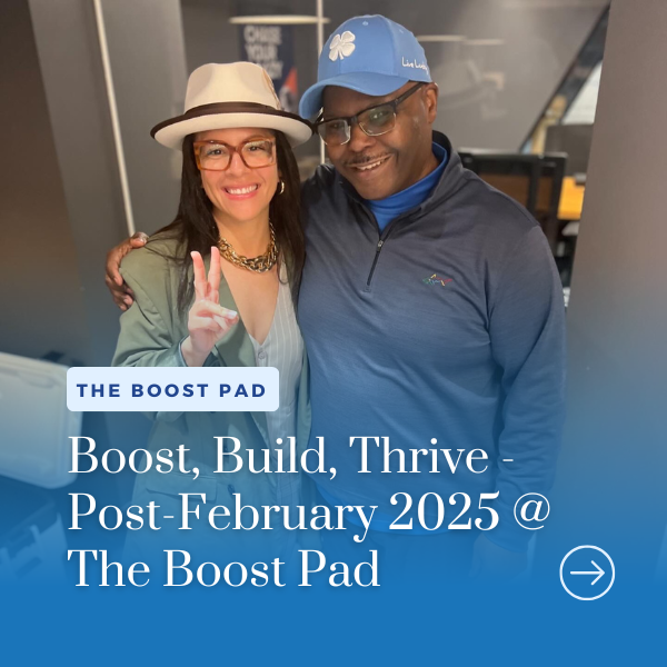 Two people smiling, posing for a photo. Text overlay: