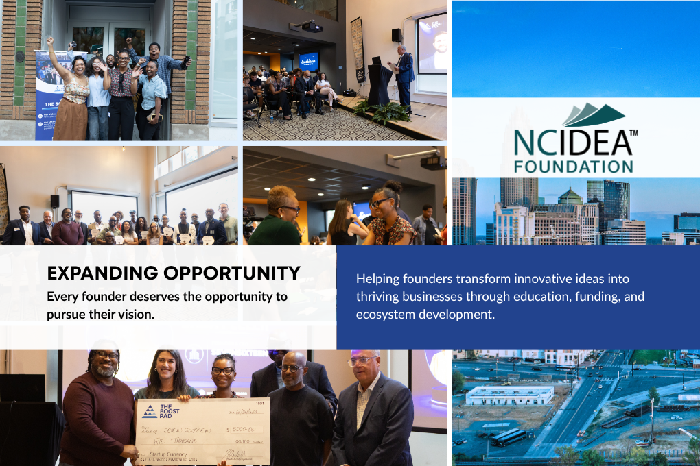 NCIDEA Foundation collage of event photos, grant presentation, and blue fundraising banner with “Expanding Opportunity” text