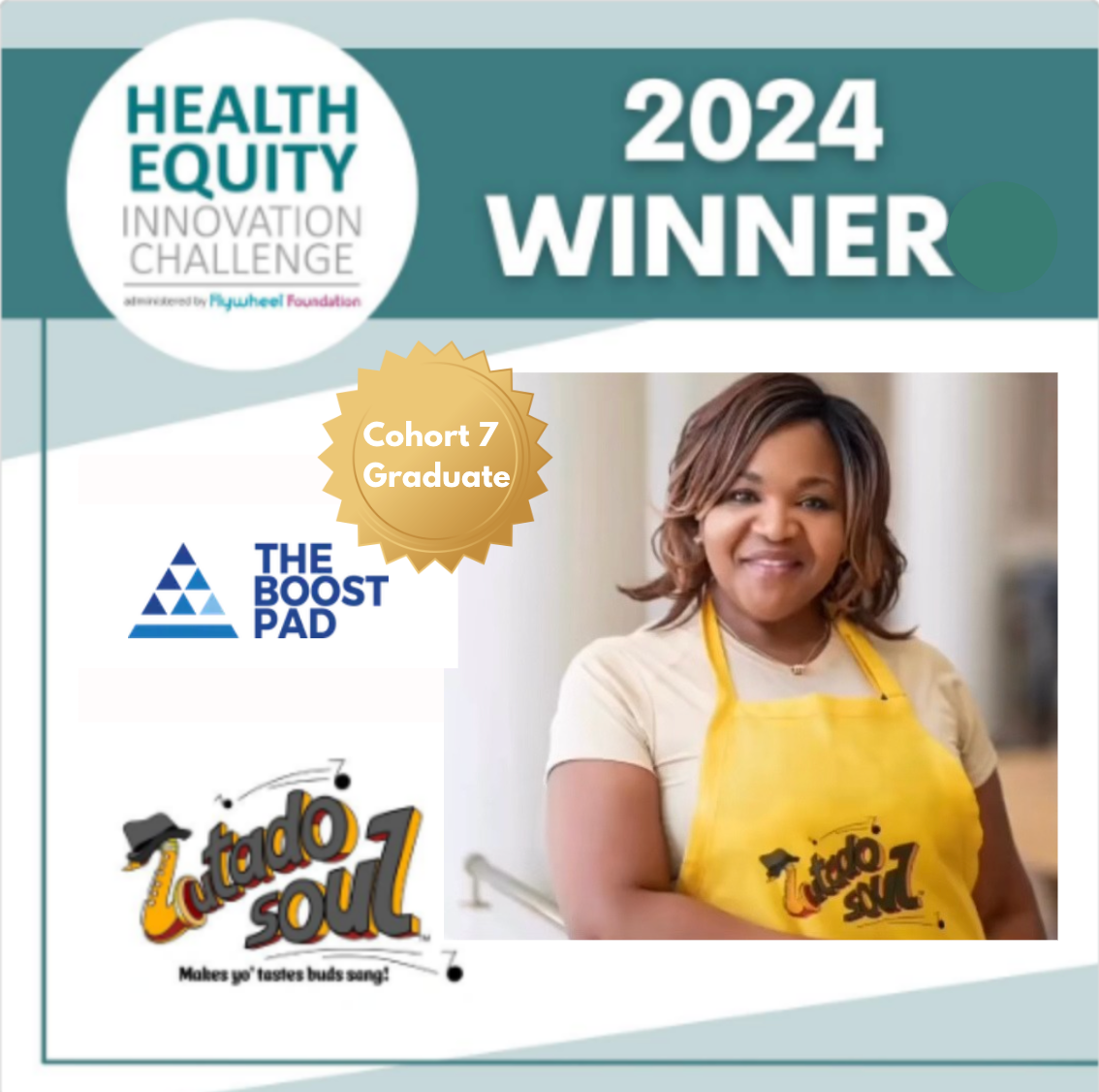 Health Equity Innovation Challenge Winner, 2024. Woman wearing apron. The Boost Pad and Twado Soul logos.