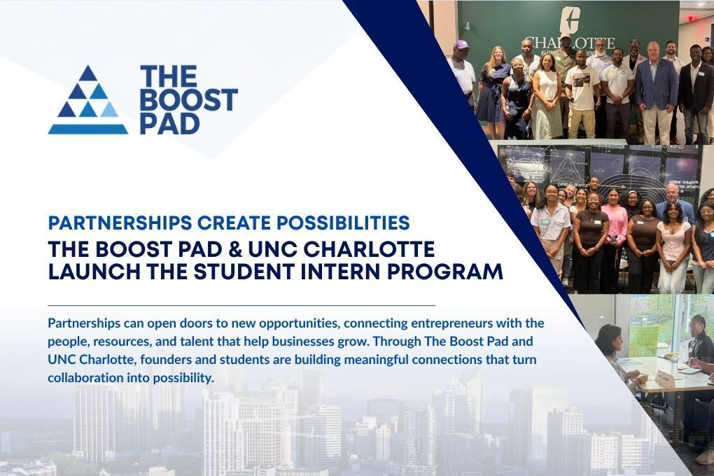 The Boost Pad and UNC Charlotte launch the Student Innovation Program, with group photo and blue branding.