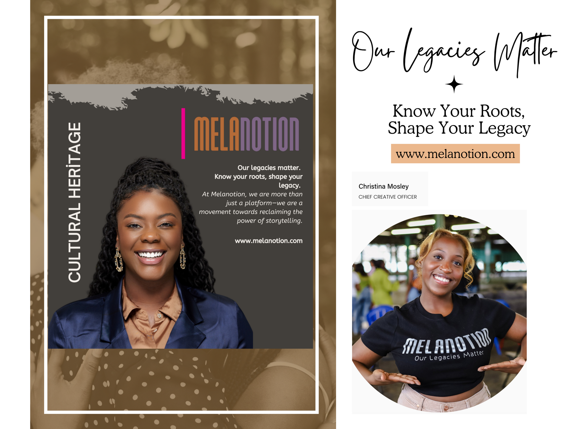 Two Black women promoting Melanotion, a cultural heritage platform. One is smiling, the other has a Melantion shirt on.