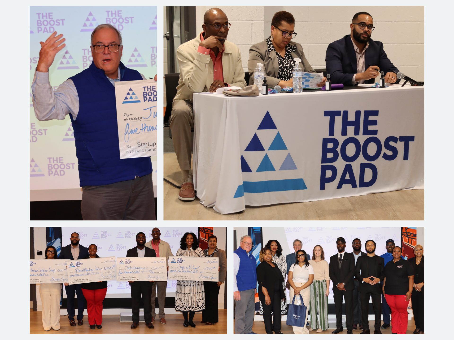 Event photos: Man holding check; panel at table
