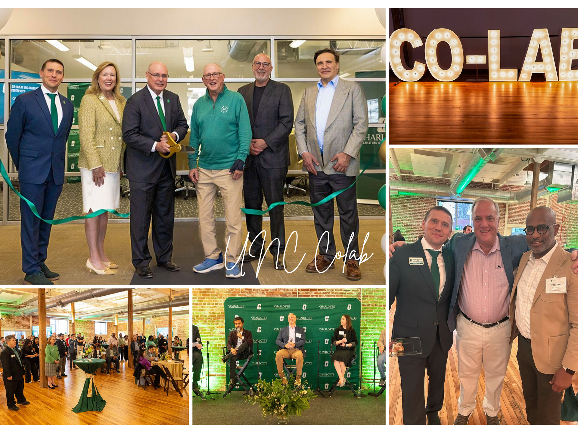 Group cuts ribbon at Co-Lab opening. Others at the event with decor in green and gold.