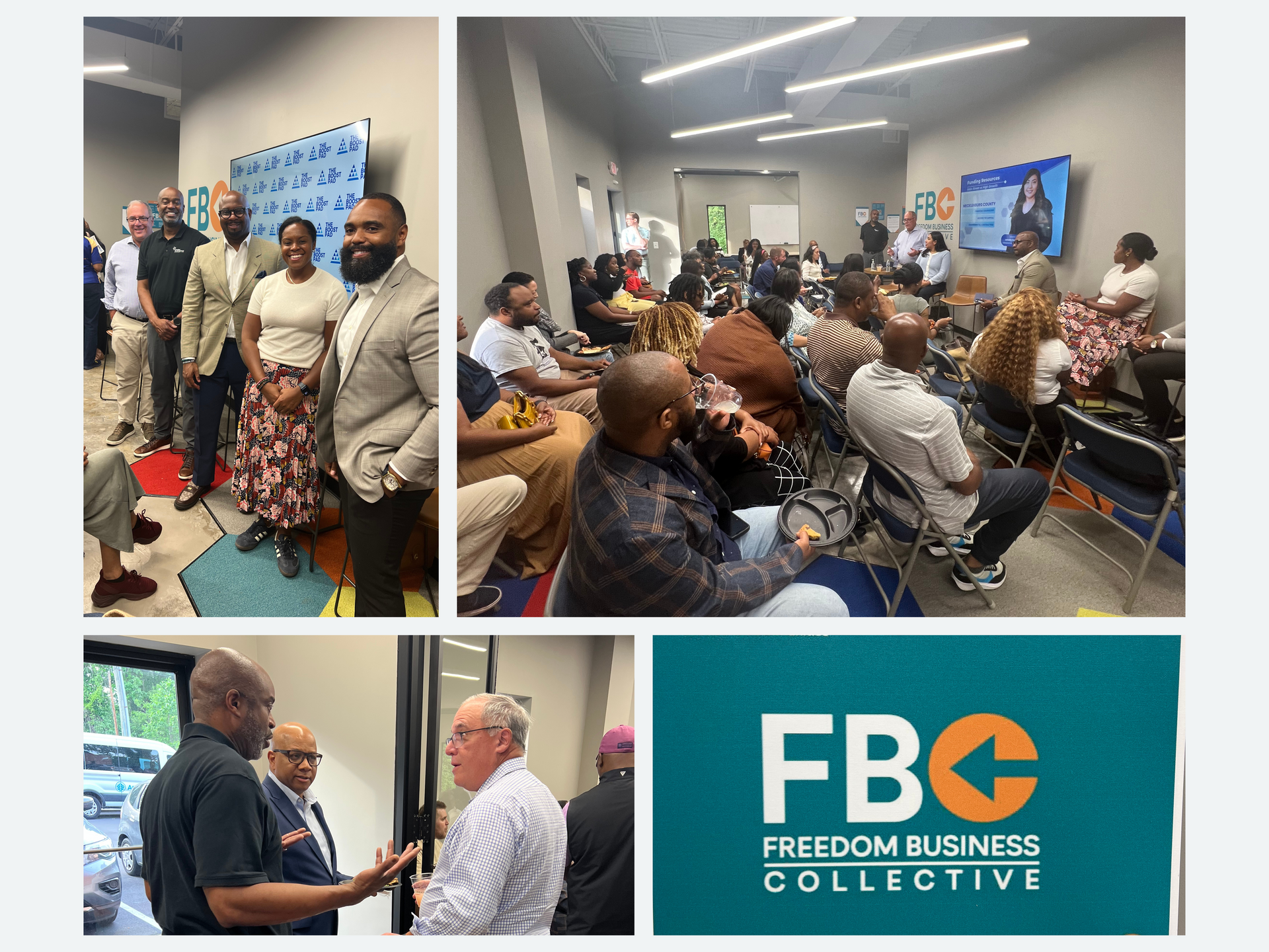 Group of people at a Freedom Business Collective event, including speakers and attendees, indoors.