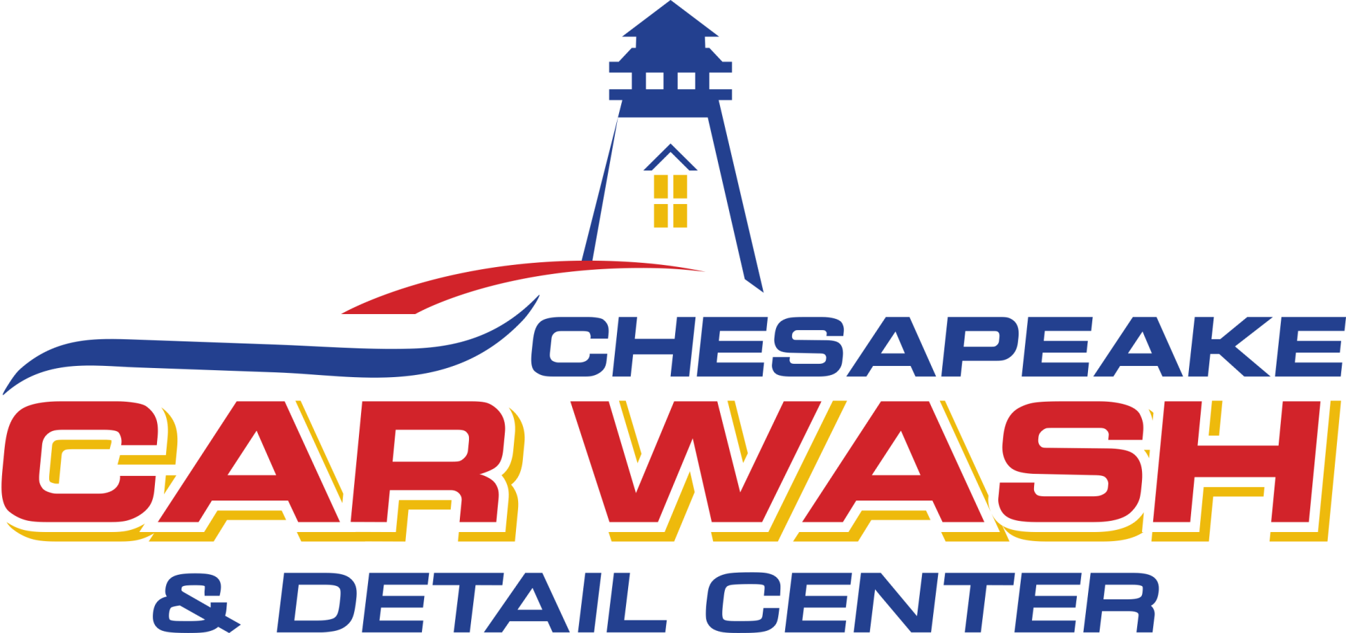 Logo for Chesapeake Car Wash & Detail Center: Lighthouse and text. Red and blue with yellow accents.