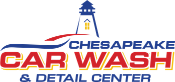 Logo for Chesapeake Car Wash & Detail Center: Lighthouse and text. Red and blue with yellow accents.