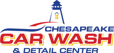 Logo for Chesapeake Car Wash & Detail Center: Lighthouse and text. Red and blue with yellow accents.