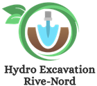 Logo Hydro Excavation Rive-Nord avec un cercle vert, une buse d'excavatrice bleue et de la terre brune