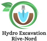 Logo Hydro Excavation Rive-Nord avec un cercle vert, une buse d'excavatrice bleue et de la terre brune