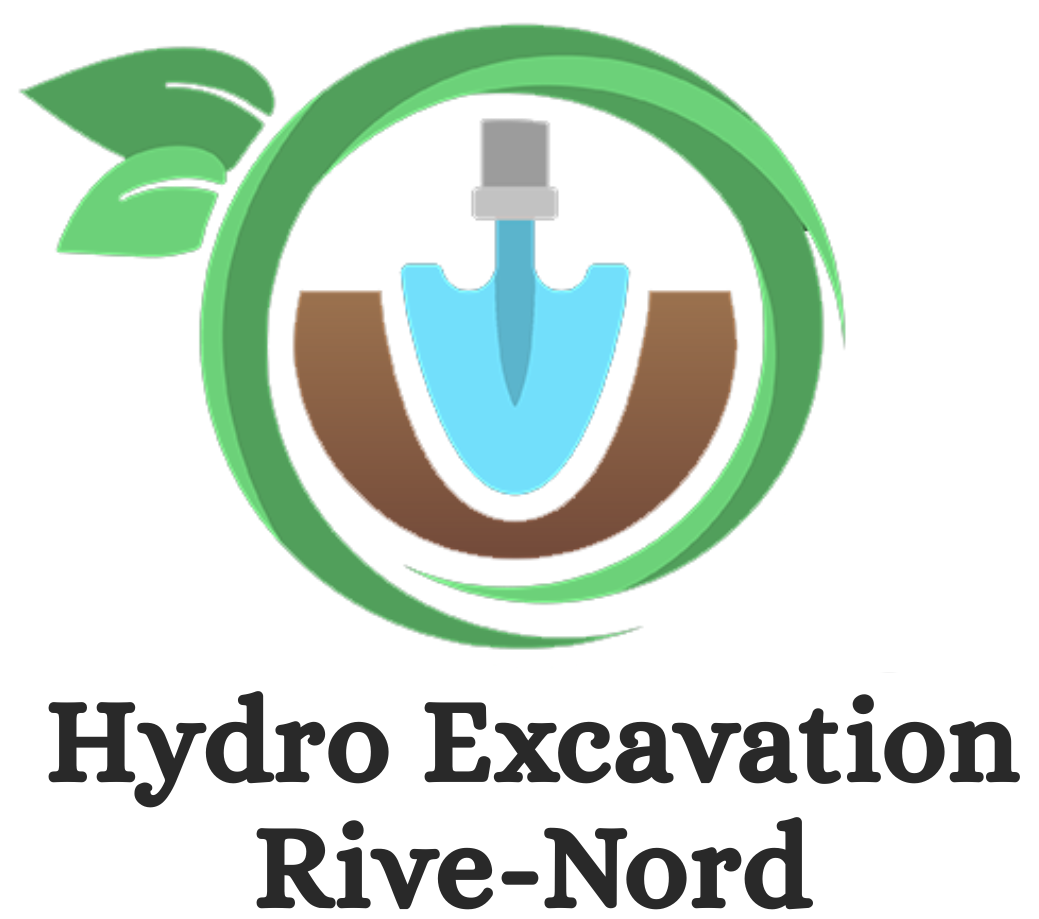 Logo Hydro Excavation Rive-Nord avec un cercle vert, une buse d'excavatrice bleue et de la terre brune