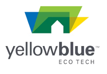 A logo for yellow blue eco tech with a house on it