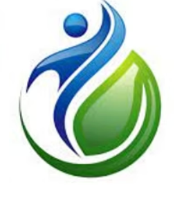 A blue and green logo with a person and a leaf