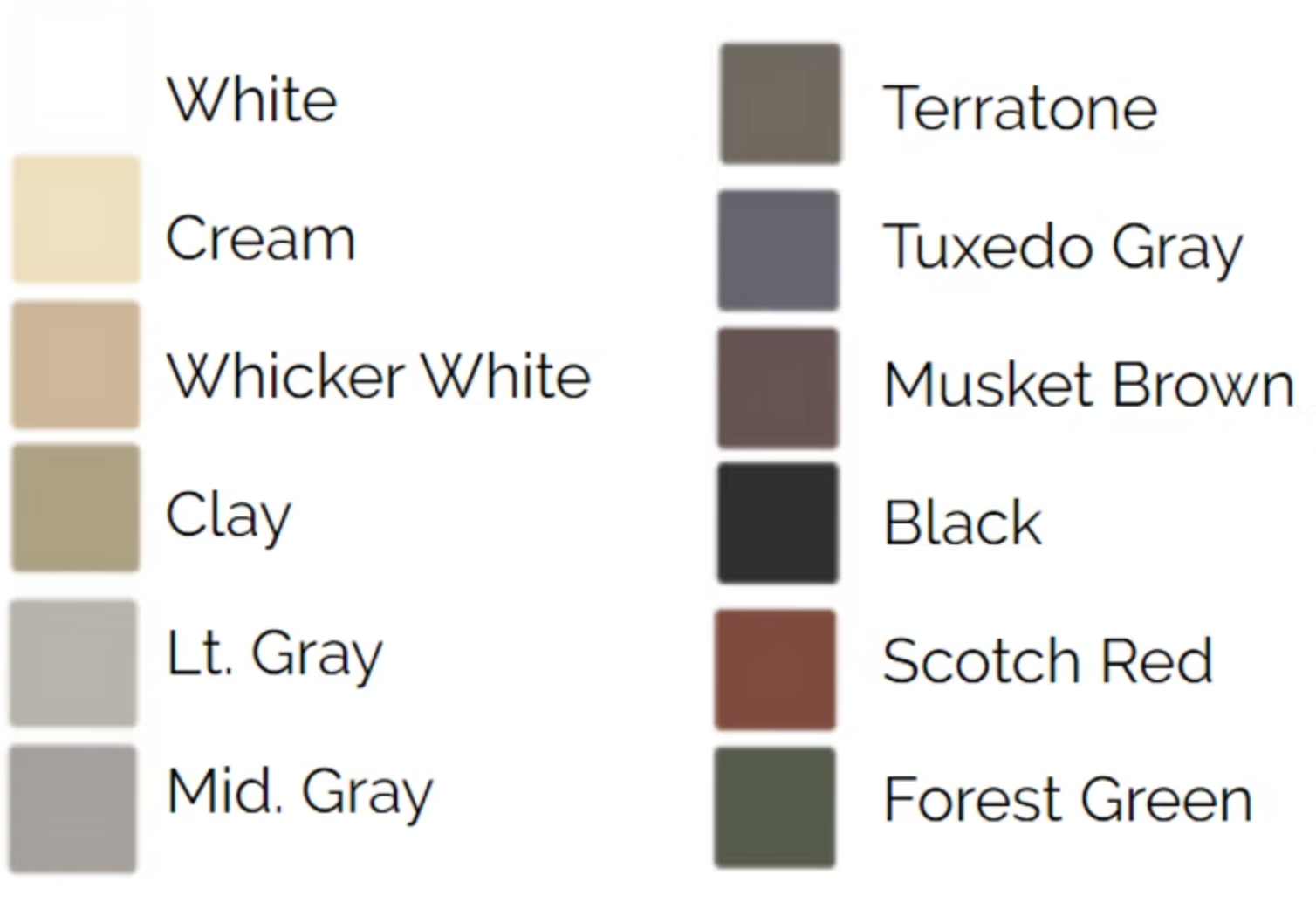 Color swatches, featuring shades of white, gray, brown, and green.