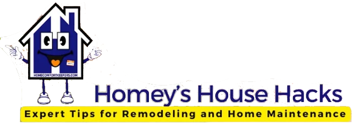 Cartoon house mascot with smiling face, arms, and legs, with text 